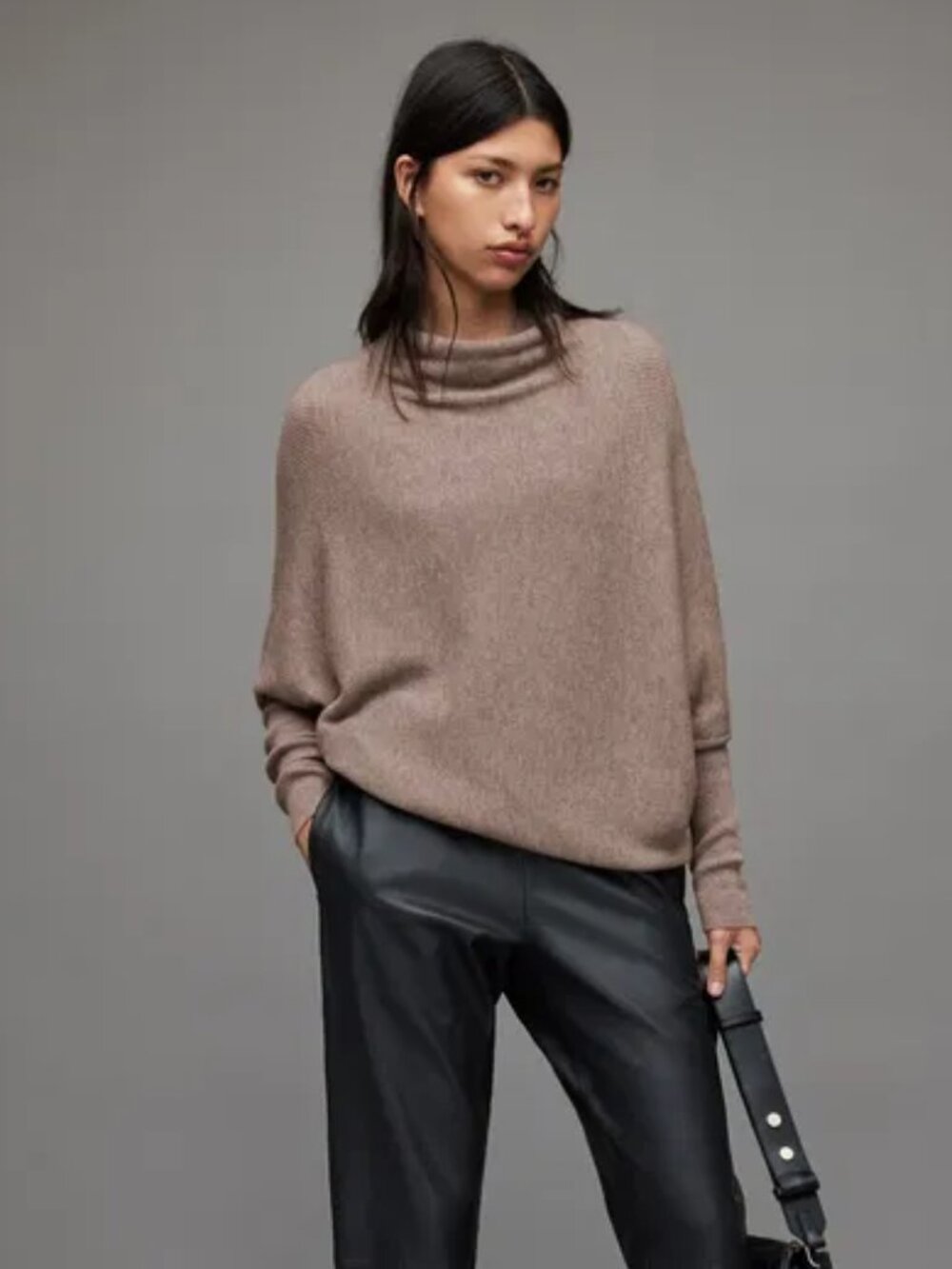 Allsaints Women's Brown Ridley Wool-Cashmere Funnel Neck Jumper Sweater Size M